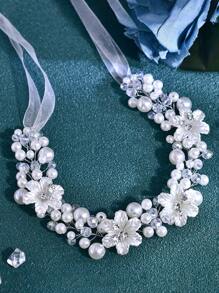 1 件手工珍珠花新娘腰带，优雅适合婚纱和礼服 - 銀色 - 查看 8