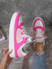 Zapatos de mujer rosas lindos y enérgicos, zapatos de tenis, zapatos de fiesta, zapatos bajos de encaje redondo versátiles con suela gruesa, amortiguador de impactos y cómodos, ideales para festivales, cumpleaños y regalos escolares - blanco rojo - Ver 3