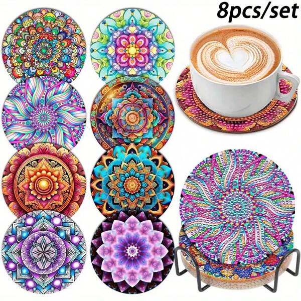 8 Peças/Conjunto Conjunto de Porta-Copos Pintura de Diamante Mandala, Porta-Copos Resistentes ao Calor com Glitter e Suportes, Porta-Copos DIY para Iniciantes e Adultos, Suprimentos de Artesanato de Diamante Artificial, Presente