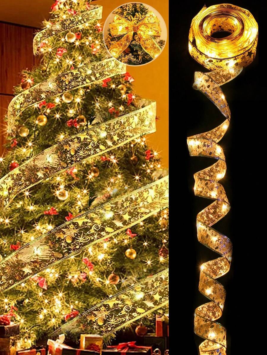 1pc/2pcs 5m/10m Christmas Ribbon LED String Light, Gold Ribbon Christmas Tree Decor, Christmas Decor, Christmas Tree Pendant Gift, Outdoor Indoor Staircase Fireplace Decoration Ribbon Light Strip, Merry Christmas Decoration For Home, Christmas Ornaments