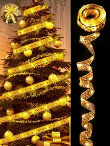 1pc/2pcs 5m/10m Christmas Ribbon LED String Light, Gold Ribbon Christmas Tree Decor, Christmas Decor, Christmas Tree Pendant Gift, Outdoor Indoor Staircase Fireplace Decoration Ribbon Light Strip, Merry Christmas Decoration For Home, Christmas Ornaments