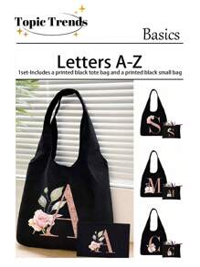 Bộ sản phẩm gồm 1 túi tote màu đen in họa tiết hoa và 1 túi nhỏ màu đen, túi tote in chữ cái A-Z màu hồng in họa tiết hoa + túi đựng mỹ phẩm, túi quà cưới/túi tote cá nhân hóa - màu đen - Xem 1