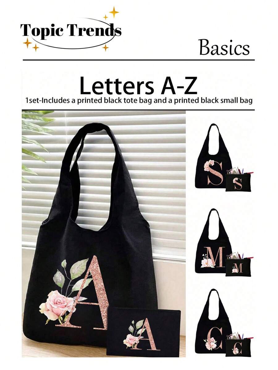 Bộ sản phẩm gồm 1 túi tote màu đen in họa tiết hoa và 1 túi nhỏ màu đen, túi tote in chữ cái A-Z màu hồng in họa tiết hoa + túi đựng mỹ phẩm, túi quà cưới/túi tote cá nhân hóa - màu đen - Xem 1