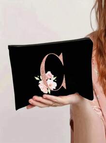 Bộ sản phẩm gồm 1 túi tote màu đen in họa tiết hoa và 1 túi nhỏ màu đen, túi tote in chữ cái A-Z màu hồng in họa tiết hoa + túi đựng mỹ phẩm, túi quà cưới/túi tote cá nhân hóa - màu đen - Xem 3