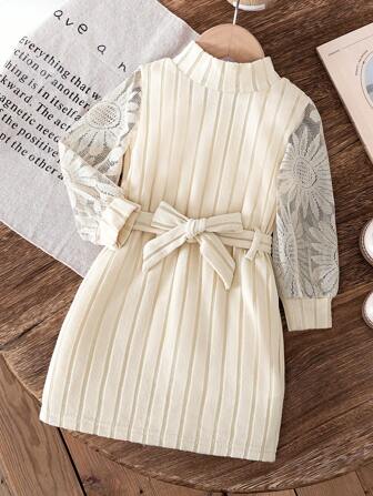 1 set Vestido casual de niña joven de unicolor con mangas de encaje y malla, con parches y cinturón a juego