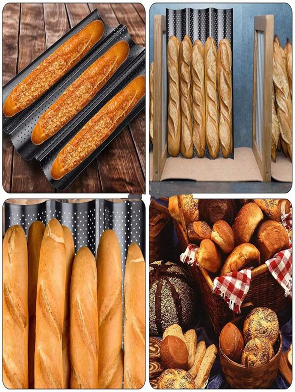 1 rack de pão francês, barras francesas, palitos franceses, molde de cozimento de pão francês de 3 conexões, molde de cozimento antiaderente