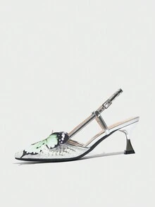 Giày cao gót nữ, thời trang dự tiệc ngoài trời, mũi nhọn da rắn ánh kim họa tiết bướm 3D, giày cao gót màu trắng thanh lịch, gợi cảm cho nữ - trắng - Xem 2