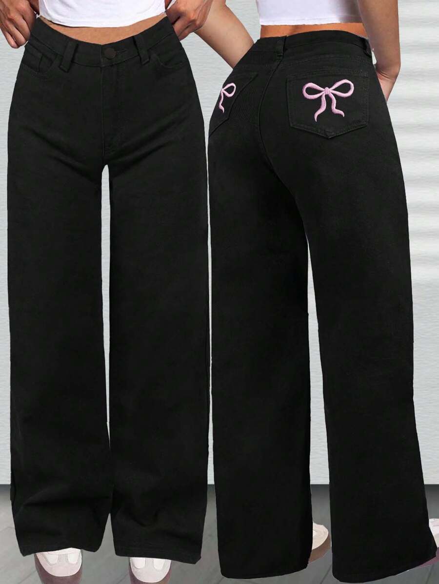 Teenage Girl Cute Girl Loose Butterfly Print High Street Casual Denim Wide Leg Pants - màu đen - Xem 1