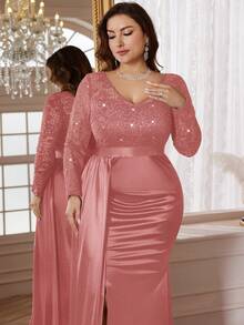 Plus V Neck Contrast Lace Sequin Insert Draped Front Ruched Split Hem Satin Formal Party Long Dress, Winter Dress, New Year Dress, Wedding Guest Dress, For Birthday, Graduation, Homecoming, Festivals, Thanksgiving - Dusty Pink - View 8