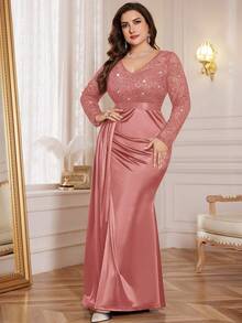 Plus V Neck Contrast Lace Sequin Insert Draped Front Ruched Split Hem Satin Formal Party Long Dress, Winter Dress, New Year Dress, Wedding Guest Dress, For Birthday, Graduation, Homecoming, Festivals, Thanksgiving - Dusty Pink - View 6