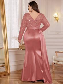 Plus V Neck Contrast Lace Sequin Insert Draped Front Ruched Split Hem Satin Formal Party Long Dress, Winter Dress, New Year Dress, Wedding Guest Dress, For Birthday, Graduation, Homecoming, Festivals, Thanksgiving - Dusty Pink - View 3