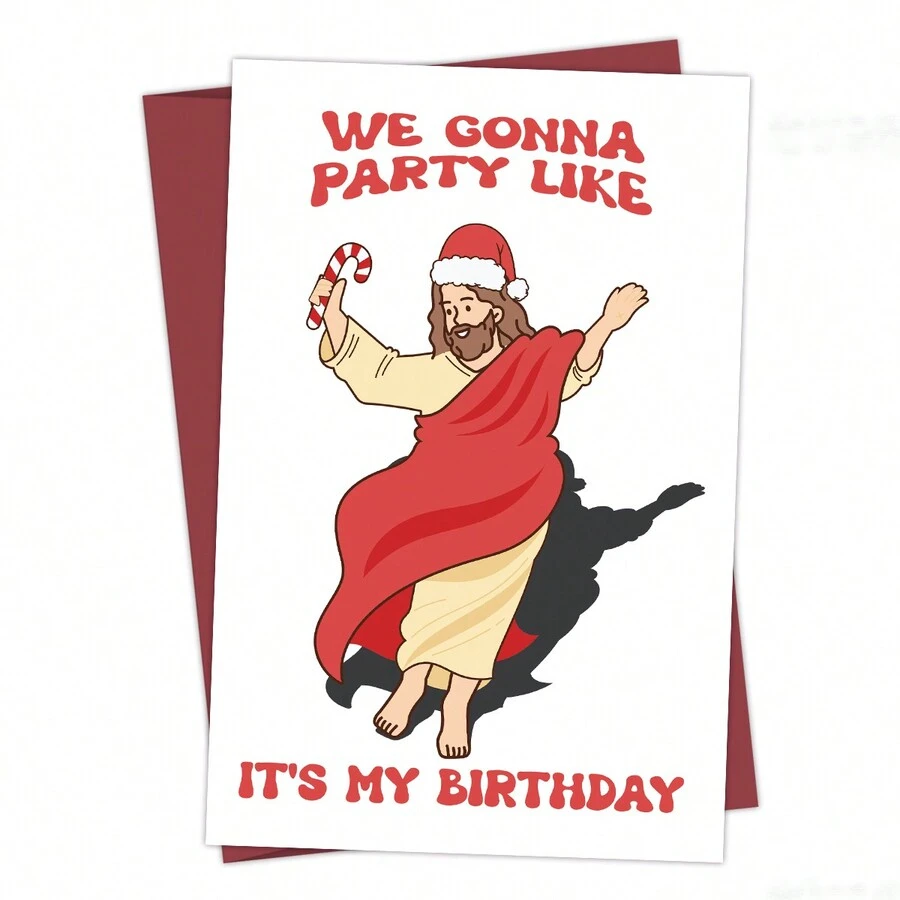 1 张有趣的耶稣跳舞圣诞贺卡，带信封 - 我们要像我的生日一样开派对，非常适合朋友和家人，幽默的节日问候，独特的圣诞礼物 - 彩色 - 查看 1
