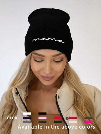 1 件男女通用 Y2K 风格刺绣“妈妈”针织帽，适合冬季户外、休闲、通勤