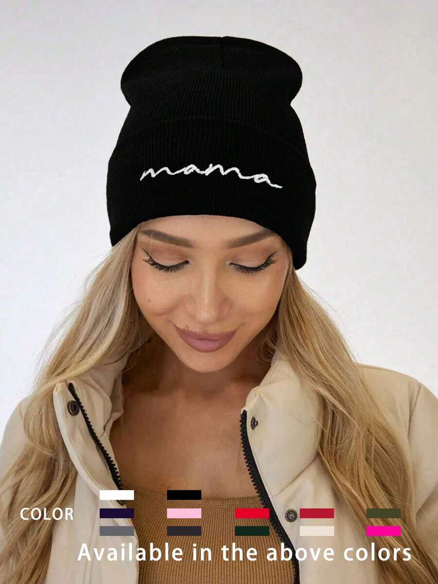 1顶男女通用Y2K风格刺绣“妈妈”针织帽，适合户外、休闲、冬季通勤等多种场合 - 針織帽 - 查看 1