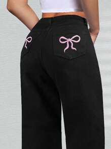 Teenage Girl Cute Girl Loose Butterfly Print High Street Casual Denim Wide Leg Pants - màu đen - Xem 4