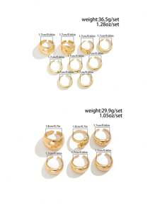 9/6 件/套复古简约金属镂空几何水滴可调节戒指，金银厚首饰套装，适合女性日常佩戴，休闲节日装饰饰品珠宝礼物