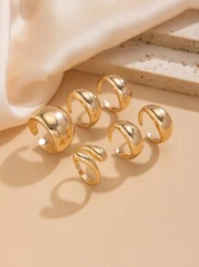 9/6 件/套复古简约金属镂空几何水滴可调节戒指，金银厚首饰套装，适合女性日常佩戴，休闲节日装饰饰品珠宝礼物