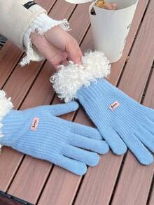 1 双女士秋冬保暖触屏针织手套，分指，适合骑行，防风 - 彩色 - 查看 12