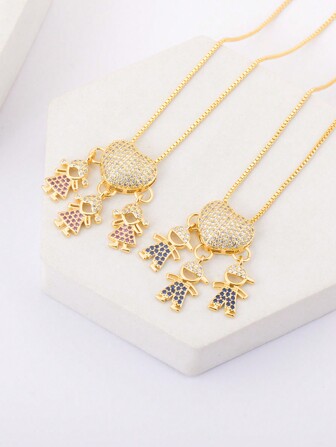 1 pieza Collar con colgante de 3 niños y niñas de cobre chapado en oro de 18 quilates con circonita cúbica colorida para el Día de San Valentín, regalo elegante de joyería para ella, Valentín, mamá, madre, Día de la Madre