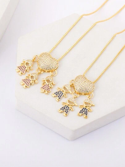 1pc Valentine's Day Colorful Cubic Zirconia 18k Gold Plated Copper Material 3 Boy & Girl Pendant Necklace, Elegant Jewelry Gift For Her Valentines,Mom,Mother,Mother's Day,Gift