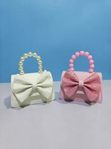 兒童時尚新款珍珠手提包，節日禮物PU皮手提蝴蝶結時尚公主迷你手袋，小錢包，迷你肩袋 - 均碼 - 查看 3