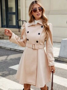 Cappotto lungo casual da donna a doppio petto con maniche lunghe, versatile per l'autunno/inverno - Beige - Visualizzare 1
