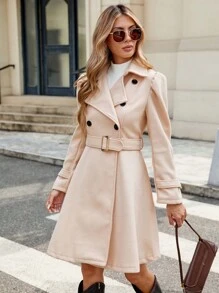 Cappotto lungo casual da donna a doppio petto con maniche lunghe, versatile per l'autunno/inverno - Beige - Visualizzare 3