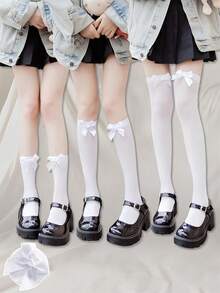 1pair JK Style Bowknot Elegant Long Thigh High Stockings, Velvet Knee Socks