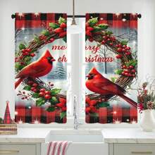2pcs Christmas Theme Curtains,Christmas Red Bird And Berry Red Leaf Design Curtains,Bedroom Living Room Decoration Curtains,Christmas Decorations,Christmas Gifts