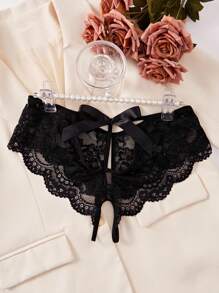 1 件女士性感黑色蕾丝蝴蝶结开裆内裤，私密内衣，适合情人节、圣诞节、卧室、夜总会、外出 - 黑色 - 查看 3