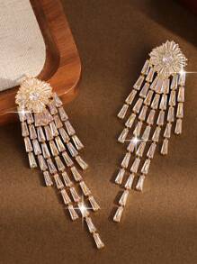 一对奢华闪亮大流苏锆石女士长耳环，情人节礼物，镶嵌AAA级立方氧化锆，订婚结婚耳环首饰，情人节，母亲节礼物 - 金色 - 查看 7