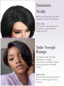 短款侧分波波头假发不对称精灵侧分刘海合成发 10 英寸浅色亚基假发直发亚基假发带刘海女士黑色波波头假发日常生活使用适合炎热季节 - 黑色 - 查看 6