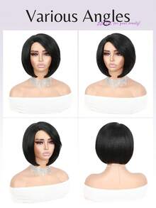 短款侧分波波头假发不对称精灵侧分刘海合成发 10 英寸浅色亚基假发直发亚基假发带刘海女士黑色波波头假发日常生活使用适合炎热季节 - 黑色 - 查看 7