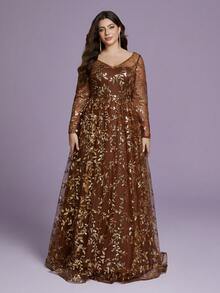 Mgiary V-Neck Sheer Plunging Long Sleeve Sequin High Slit Dress