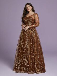 Mgiary V-Neck Sheer Plunging Long Sleeve Sequin High Slit Dress