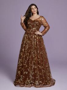 Mgiary V-Neck Sheer Plunging Long Sleeve Sequin High Slit Dress