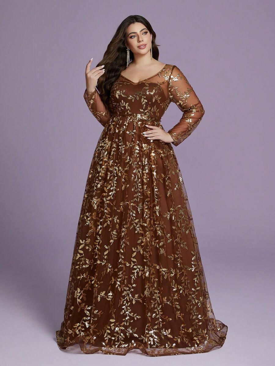 Mgiary V-Neck Sheer Plunging Long Sleeve Sequin High Slit Dress