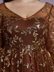 Mgiary V-Neck Sheer Plunging Long Sleeve Sequin High Slit Dress