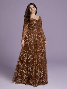 Mgiary V-Neck Sheer Plunging Long Sleeve Sequin High Slit Dress