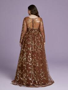 Mgiary V-Neck Sheer Plunging Long Sleeve Sequin High Slit Dress