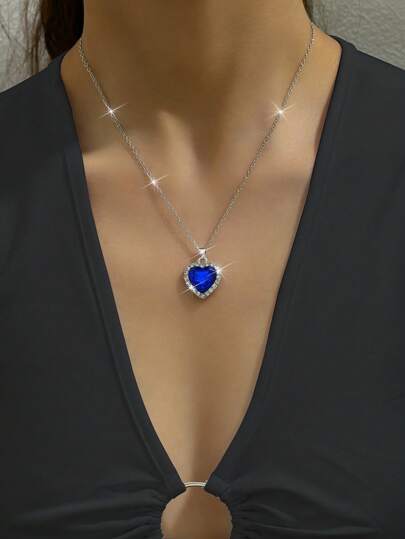 时尚海军蓝心形吊坠项链（不含珠宝盒）情人节、妈妈、母亲、母亲节、礼物