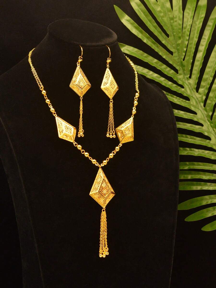 2 件/套珠宝套装，金色菱形几何花卉复古优雅镂空项链和耳环，奢华风格，适合日常、派对和时尚搭配。 - 金黃色 - 查看 1