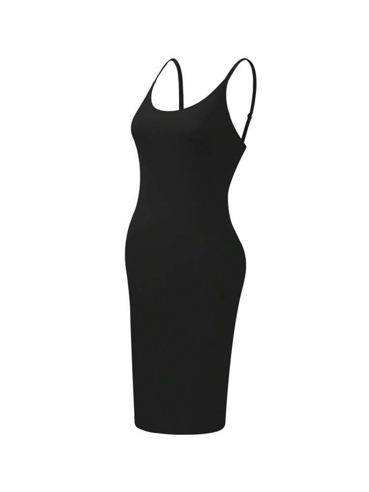 Seamless Camisole Solid Color Minimalist Long Bodycon Dress, Shapewear With Adjustable Straps, Slimming, Waist Shaping - Black - View 10
