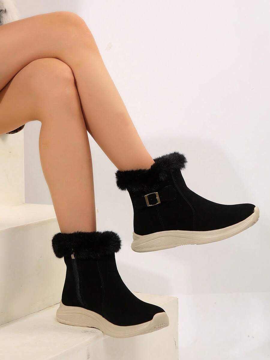 大码女式冬季短靴，带毛皮衬里，时尚新款设计，带拉链和带扣带，户外雪地靴 - 黑色 - 查看 1
