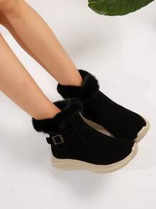 大码女式冬季短靴，带毛皮衬里，时尚新款设计，带拉链和带扣带，户外雪地靴 - 黑色 - 查看 5