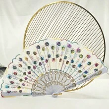 D EXCEED 1 件女士折扇，手工制作优雅彩色刺绣花朵孔雀图案亮片面料折扇（多色）