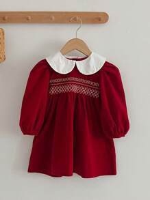 年轻女孩圣诞红色长袖彼得潘领连衣裙 - 紅色 - 查看 1