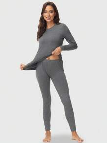 2pcs Women Casual Seamless Comfortable Solid Color Crew Neck Long Sleeve Top And Leggings Thermal Underwear Set, Autumn/Winter
