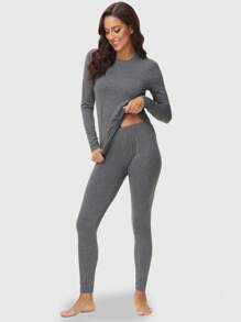 2pcs Women Casual Seamless Comfortable Solid Color Crew Neck Long Sleeve Top And Leggings Thermal Underwear Set, Autumn/Winter