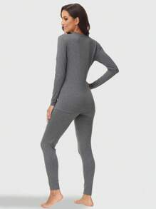 2pcs Women Casual Seamless Comfortable Solid Color Crew Neck Long Sleeve Top And Leggings Thermal Underwear Set, Autumn/Winter